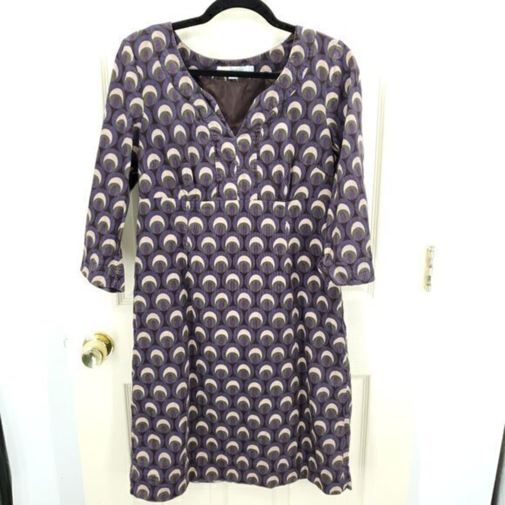 Boden Printed Corduroy 3/4 Sleeve Empire Waist Dress 8L US/12L UK Purple/Cream